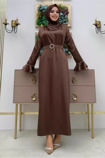 نسائي بني لؤلؤي مفصل حزام الساتان مساء اللباس T 