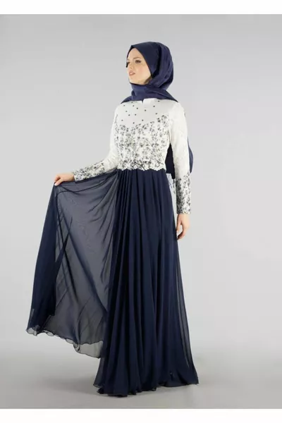 المرأة الأزرق الداكن T أزياء الكمال الدانتيل اللباس مفصلة