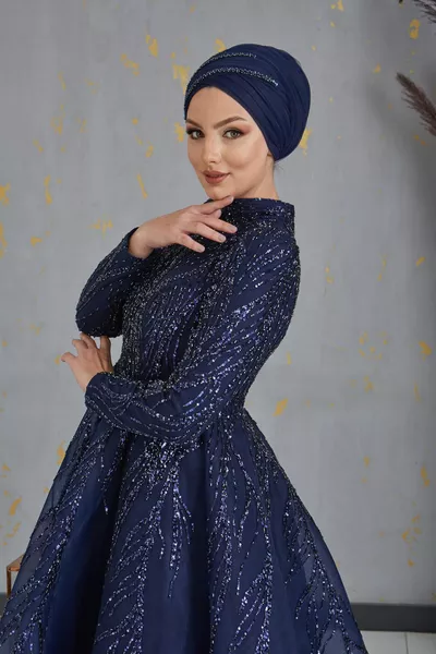 Princess Evening Dress Navy Blue with Appliqué Detail on the Front and Laces on the Back