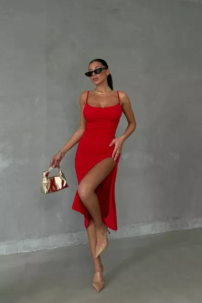 Sandy Fabric Side Slit Detail Degaje Collar Midi Length Strappy Dress - Red (invitation & wedding & graduation)