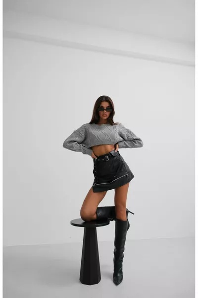 Asymmetrical Belted Leather Skirt