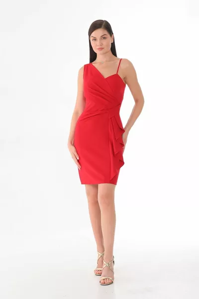 Дамска червена къса вечерна рокля с волани и абитуриентска рокля