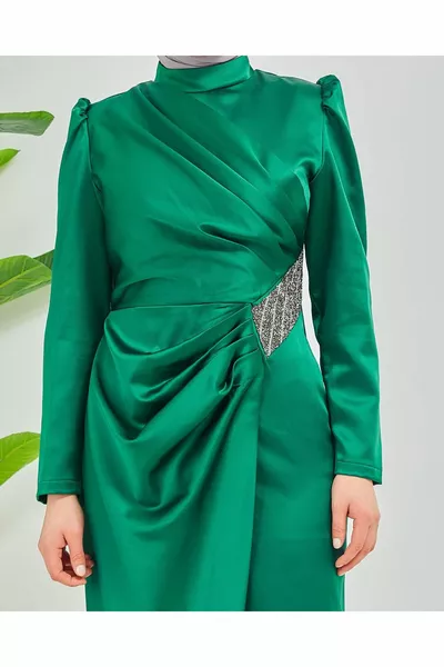 Satin Appliqué Stone Detailed Hijab Evening Dress 