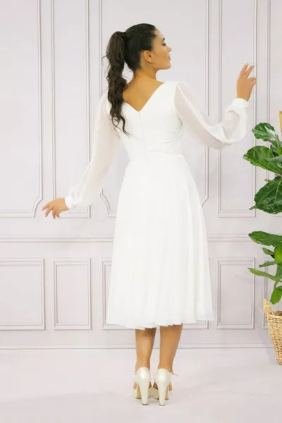 الأكمام الكفة الطويلة القلب طوق الخصر مشبك ورباط ميدي الشيفون اللباس الزفاف - الخطوبة - الوعد - الرماية الخارجية