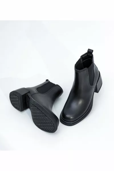 نسائي جلد طبيعي كعب سميك أحذية تشيلسي