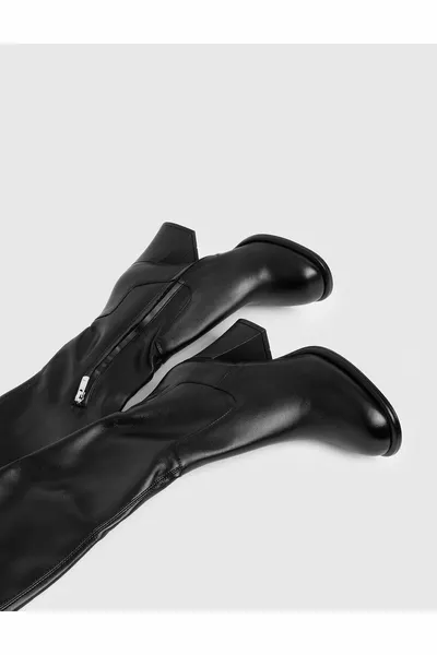 Bidjo جلد أصلي تمتد المرأة أحذية سوداء الكعب