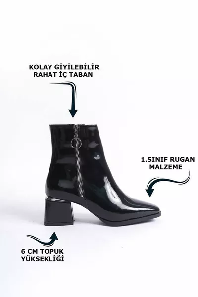 لامعة براءات الاختراع والجلود الأسود سستة كعب الفضة مفصلة قصيرة بسيطة الأحذية الكلاسيكية التمهيد