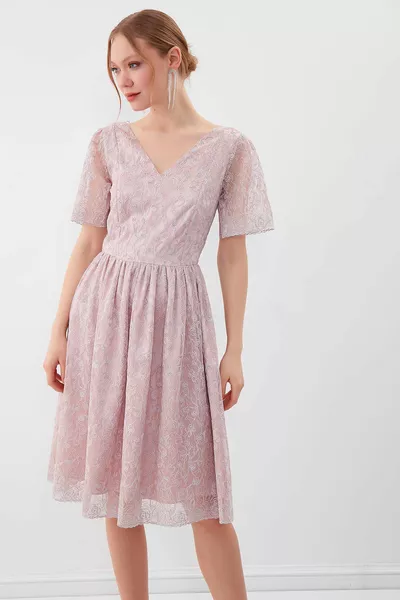 Patterned Sleeve Tulle Dress