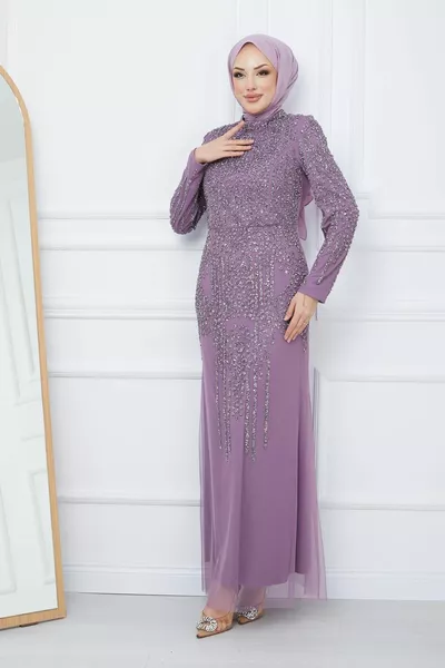 حبة وحجر مزينة تول الحجاب مساء اللباس LİLA 