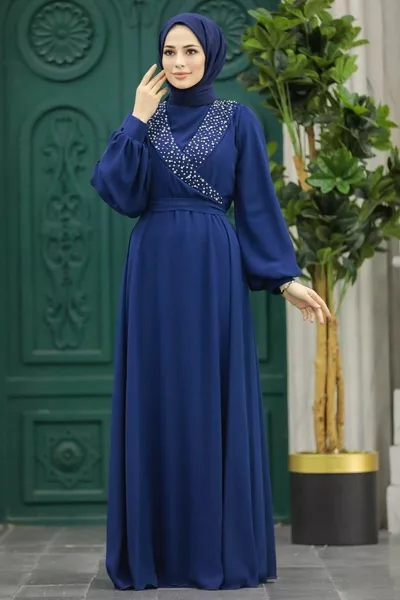 Robe de soirée hijab - Robe de soirée hijab bleu marine détaillée de perles L