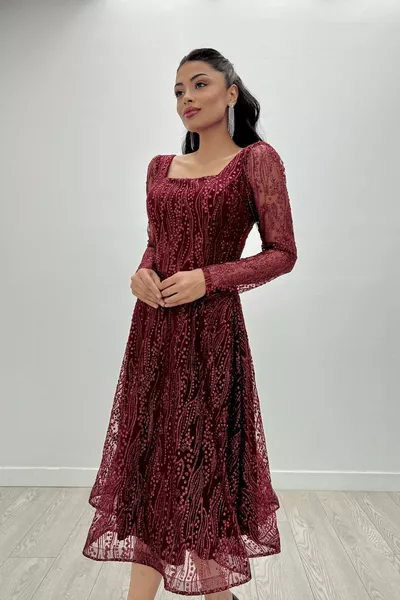 تول بريق قماش مربع الرقبة ميدي مساء اللباس - عنابي