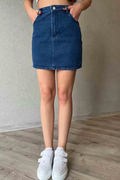 Mavi Cep Detaylı Mini Denim Etek