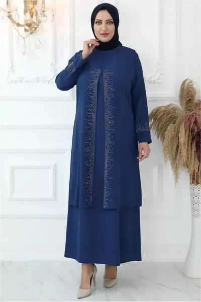 المرأة الأزرق الداكن (INDIGO) الحجر المطبوعة سترة مساء اللباس T 