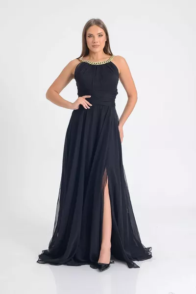 Black Collar Chain Evening Dress