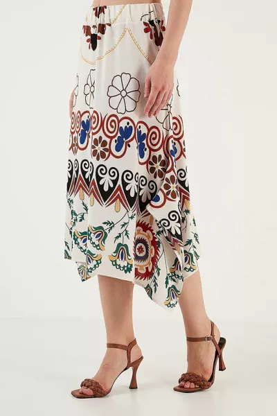 Patterned Elasticated Asymmetrical Cut Midi Skirt Skirt 
