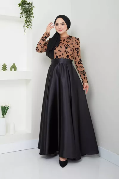 قطيع منقوشة الساتان مساء اللباس أسود لاتيه