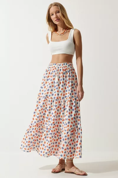 المرأة Ecru البرتقالي نقش الأزهار تنورة الكتان الصيف منتفخ 