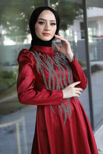 Front Stamp Detailed Evening Dress  Burgundy