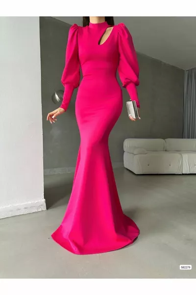 Fuchsia Fish Model Shoulder Detailed Stylish Evening Dress