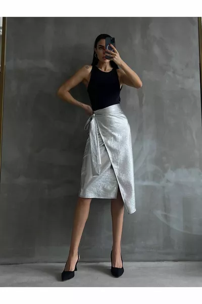 Silver Metallic Double-breasted Tie Pencil Skirt