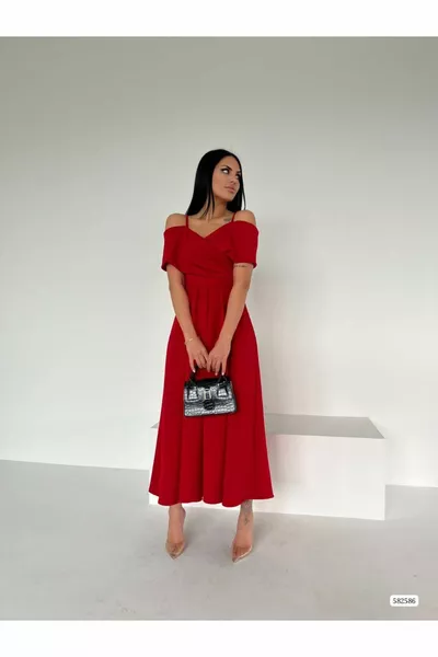 Yeni Sezon Scuba Kumaş Omuz Detaylı Kadın Abiye Mezuniyet Elbisesi 