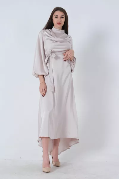Degaje Satin Balloon Sleeve Hijab Dress Beige 