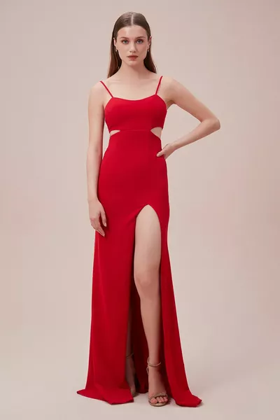 Crepe Fabric Long Slit Strap Evening Dresses