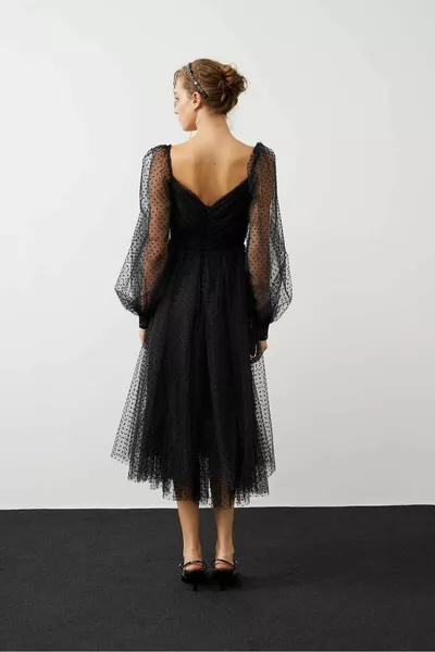 Polka Dot Transparante Avondjurk Zwart 