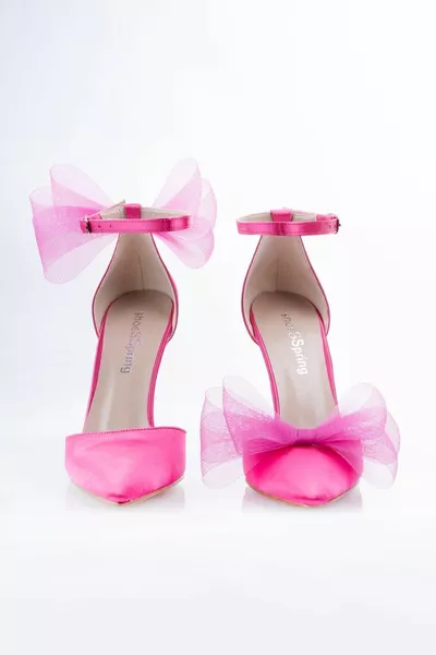 .5 cm stiletto heels satin evening dresses with fuchsia bow