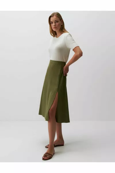 Kaki linnen midirok met hoge taille en split