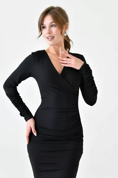 المرأة مرنة النسيج مزدوج الصدر طوق شق كم طويل ميدي طول أسود مساء اللباس 