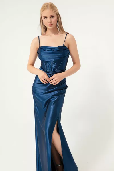 Marineblaues Baleen Korsett mit langem Abendkleid mit Schlitz und Schlitz für Damen