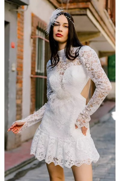 فستان الخطوبة ، بعد فستان الحزب ، اللباس في الهواء الطلق ، فستان الزفاف ، فستان قصير أبيض مصنوع يدويا