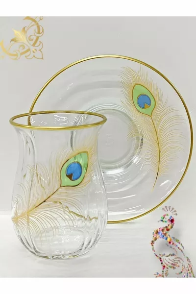 طقم شاي بنمط ريش الطاووس الذهبي ل 6 أشخاص