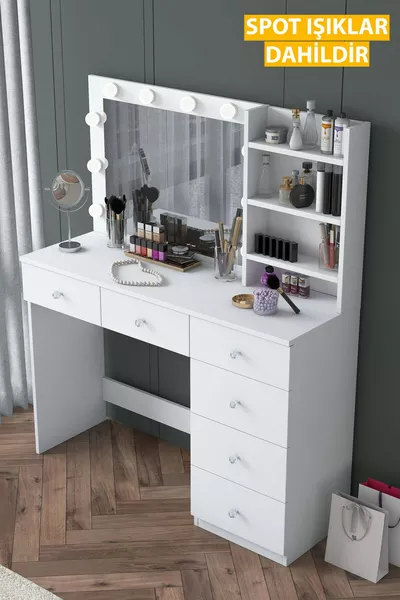 راني طاولة مكياج خلف الكواليس مع مرايا وإضاءة هوليوودية، 6 أدراج، منظم مجوهرات، أبيض