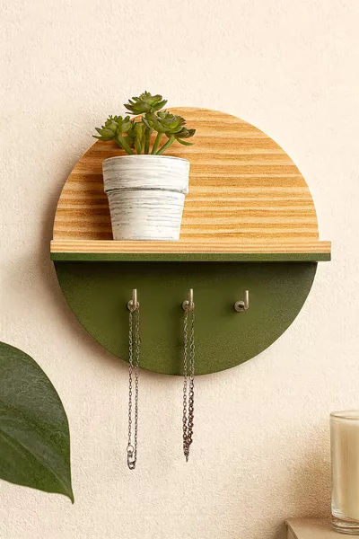 Заоблен мини рафт с куки | Дървен рафт | Рафт за маски | Стенно украшение | Рафт за ключове | Рафт за витрина