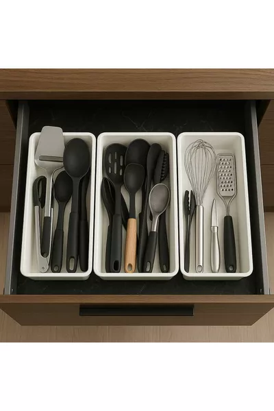 Комплект от 3 бели поставки за лъжици, органайзер за кухня, чекмедже и шкаф, кутия за ножове и черпаци