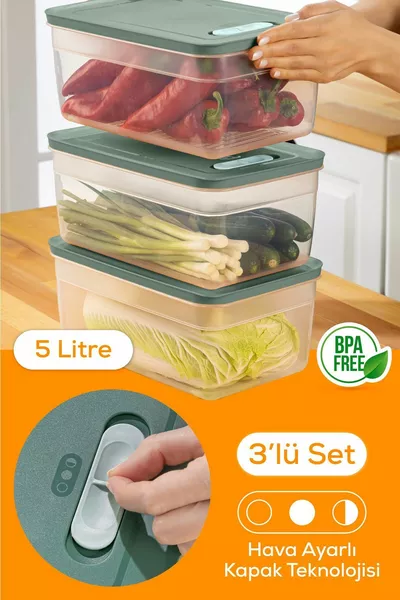 3-частен регулируем контейнер за съхранение на зеленчуци и плодове, зелен, 5 литра