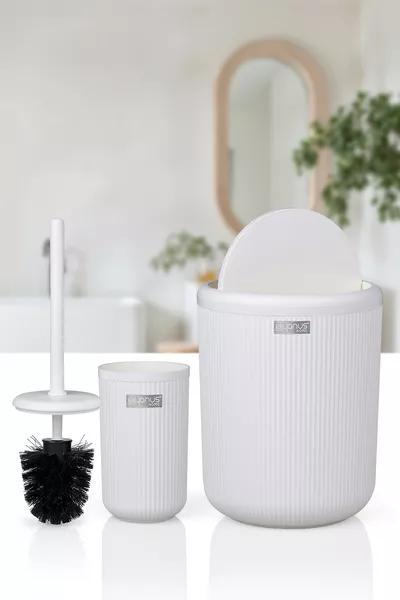 Linea Счупено бяло с райета Кръгла 2-частова комплект за тоалетна с кофа и четка