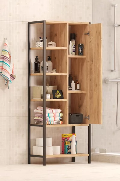 Eva decoratieve kast met deksel, 8 planken, badkameropbergkast, multifunctionele badkamerkast, handdoekhouder en wasmiddellade