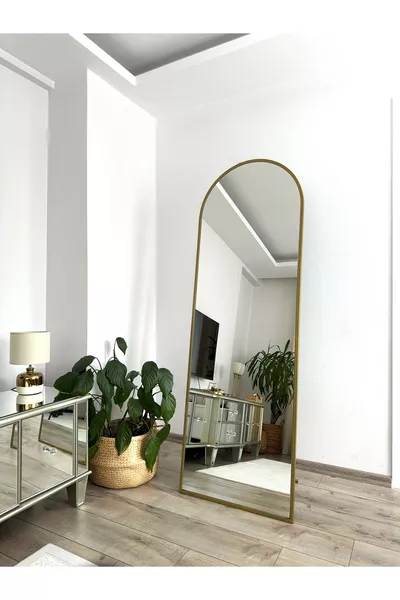 Full-Length Mirror with Gold Metal Frame and Removable Stand