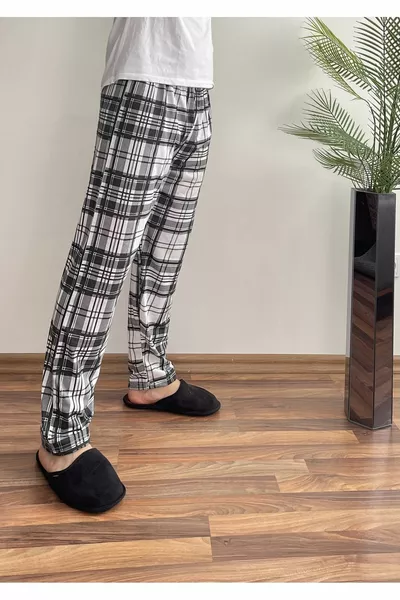 Herren Schlafanzughose ohne Taschen mit elastischem Bund, Jogginghose, Weiß-Schwarz kariert