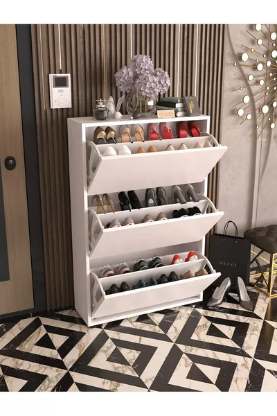 Skeche Drop Cover Shoe Rack with Shelves 3-Compartment Shoe Rack White