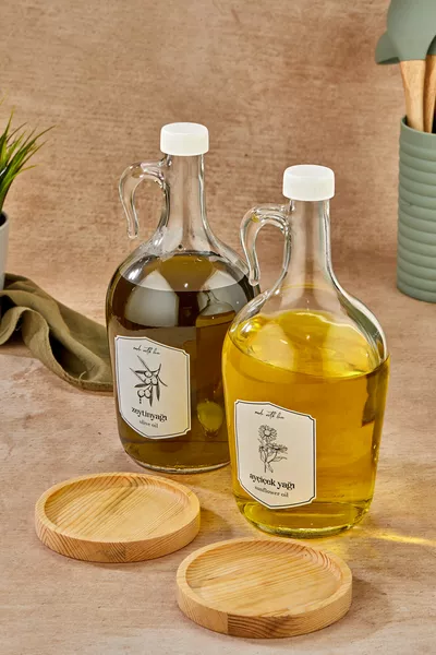 Set de 2 bouteilles d'huile en bois avec support pour huile d'olive et huile de tournesol - Carafe à huile