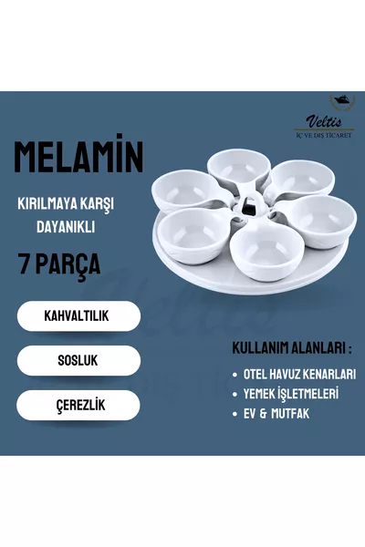 Комплект от 6 части меламинова купичка за ядки, закуска, сосове, бял, 7 части