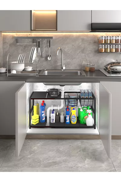 Разширяващ се регулируем организатор с рафтове, 2 метални кошници за кухня и баня