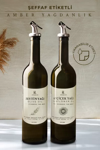 Set de 2 bouteilles en verre ambré pour huile d'olive et huile végétale - Set de carafes en verre rétro étiquetées