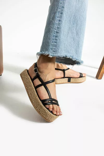 Mons Black Matte Wicker Padding Base Double Band Belt Detail Women Sandals