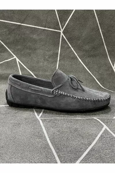 Gris Cuir Véritable Daim Mocassins Hommes