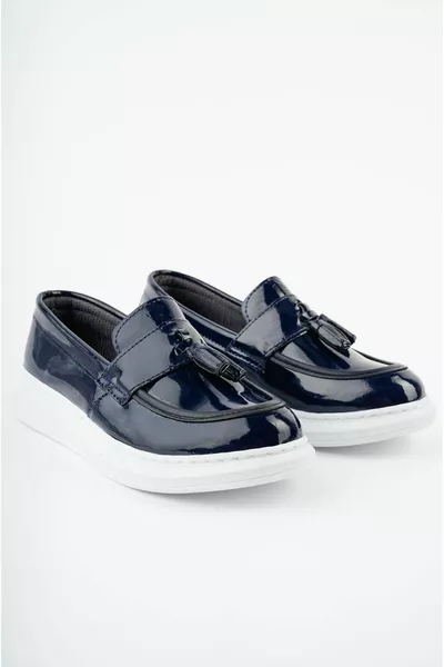 Tasseled Navy Blue Patent Leather Boys' Shoes